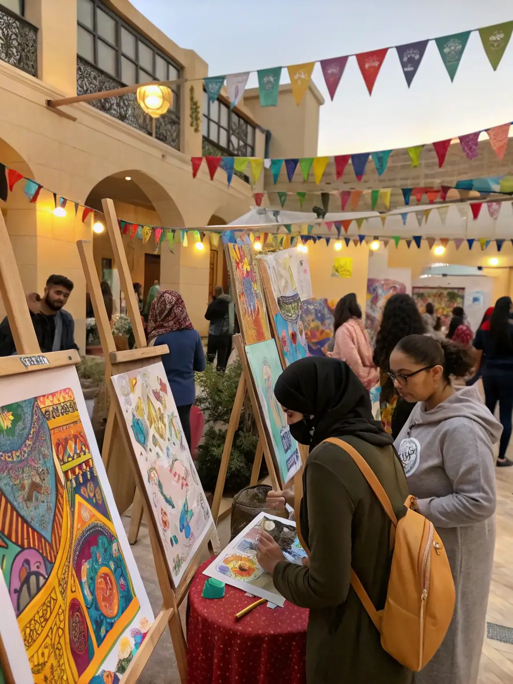 A lively image of a community event organized by SIGNATURES, with people of all ages participating in art activities.