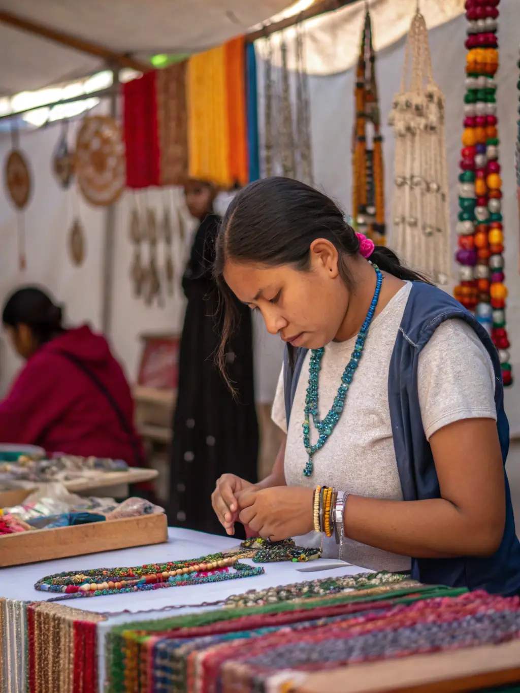 A captivating shot of the Artisan Craft Fair 2023, featuring artisans displaying their handmade crafts and visitors appreciating their work.